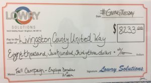 Lowry Solutions donates $8233 to Livingston County United Way on Giving Tuesday