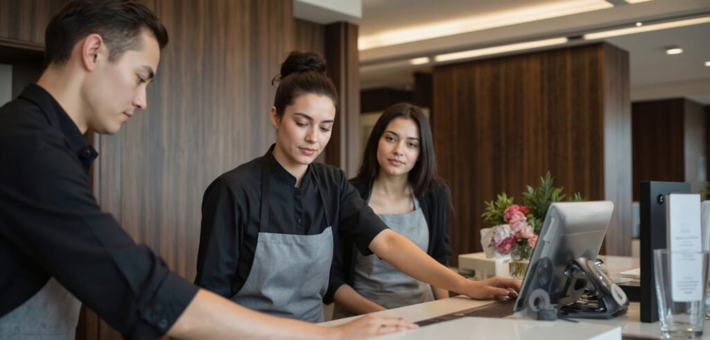 Three hotel staff members work together 